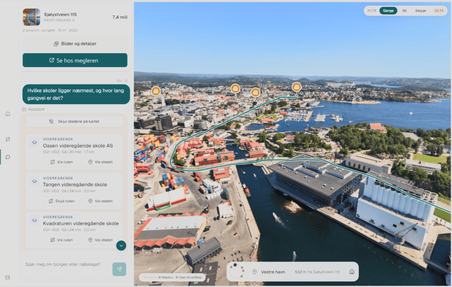 Kjøperens nabolagsvisning: boligkortet og en guide som svarer på hvilke skoler som ligger nærmest til venstre, og et flyfoto av Kristiansand med markerte steder og gangrute til høyre.
