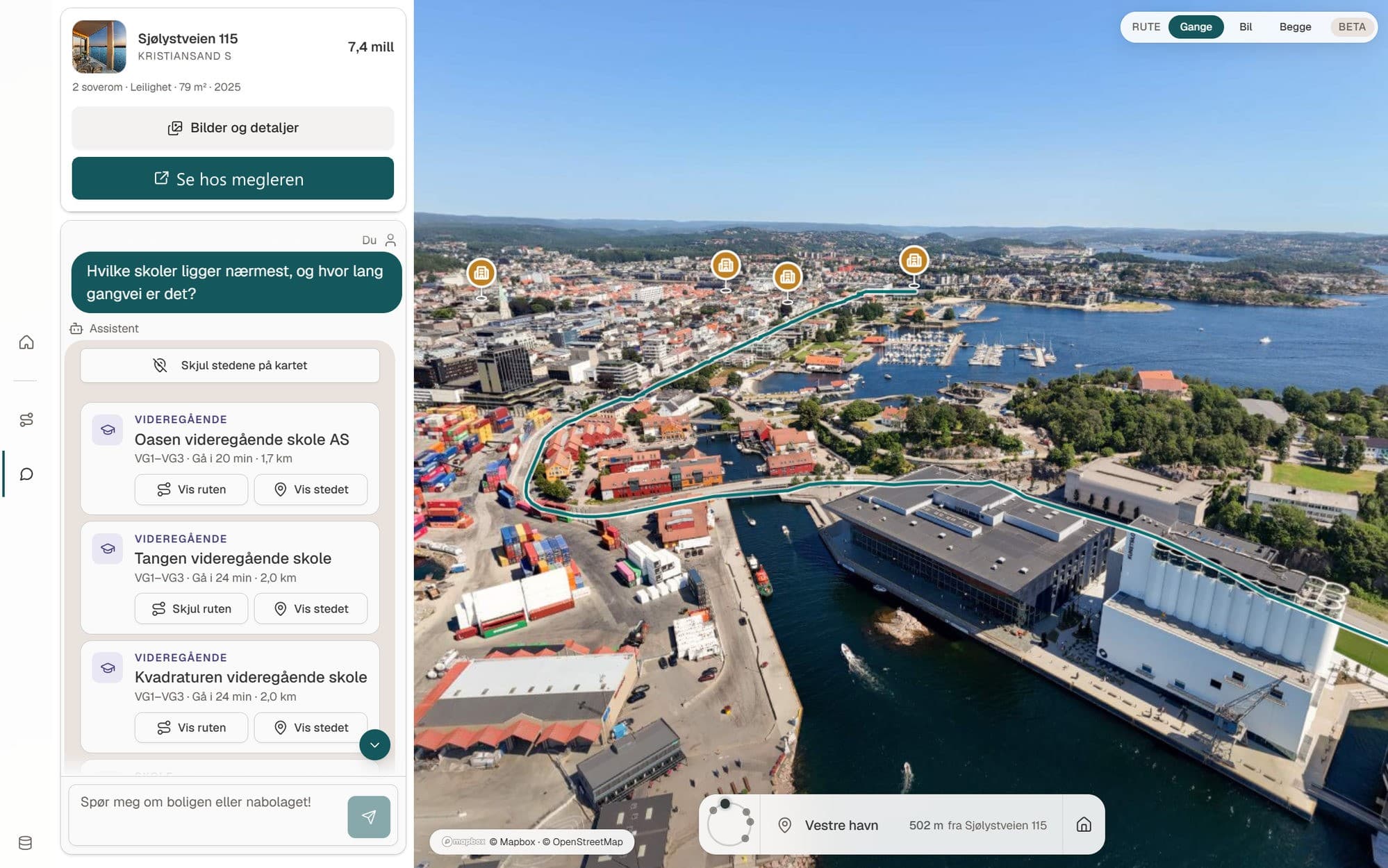 Guiden svarer på «Hvilke skoler ligger nærmest, og hvor lang gangvei er det?» med tre skolekort med gangtid, mens gangruten og skolemarkørene vises over flyfotoet.