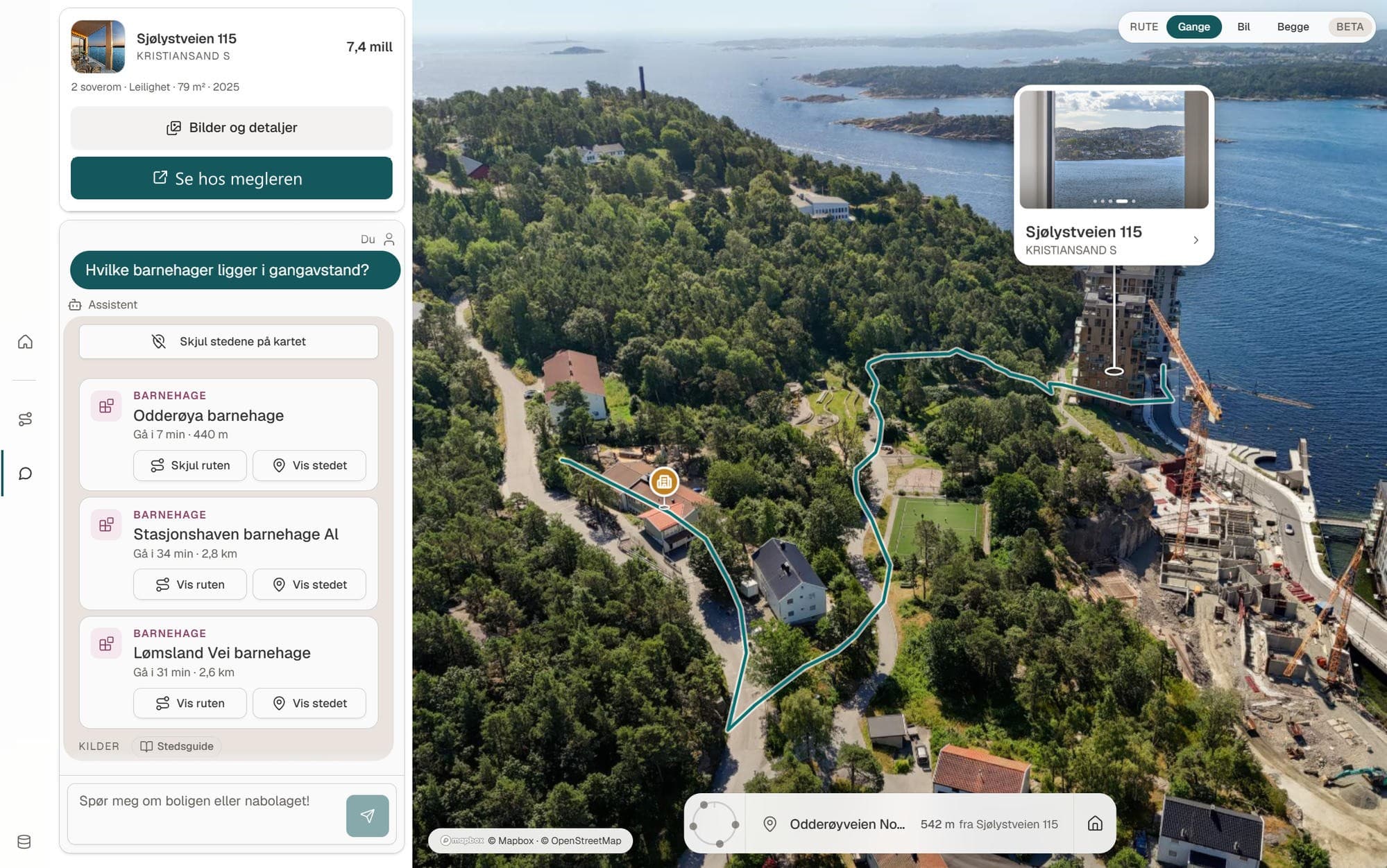Tre barnehagekort med gangtid, der Odderøya barnehage står med «Gå i 7 min · 440 m» og ruten dit er tegnet over flyfotoet.