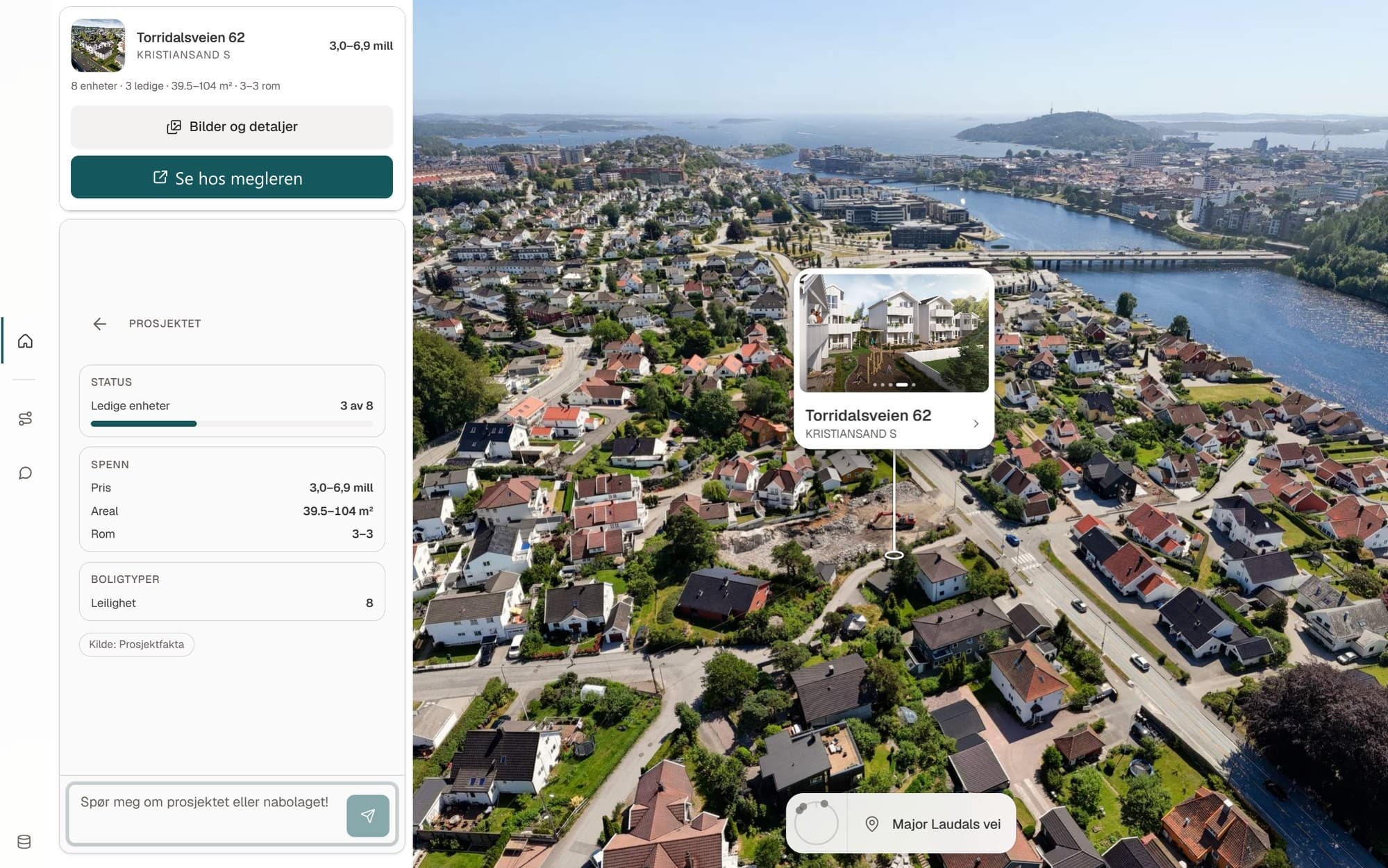 Prosjektskjermen for Torridalsveien 62: status «Ledige enheter 3 av 8», prisspenn 3,0–6,9 mill, areal 39,5–104 m², rom 3–3 og boligtyper, med kilden oppgitt.