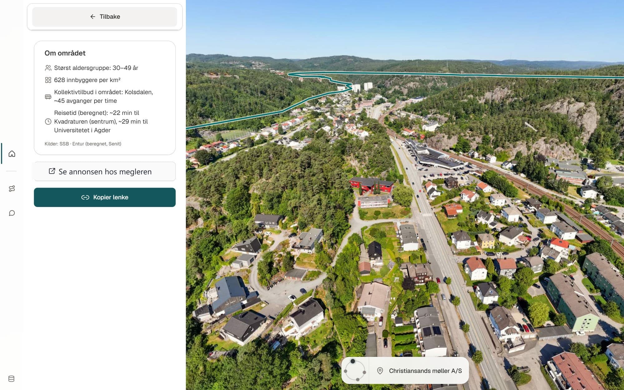 «Om området» viser største aldersgruppe, innbyggere per km², kollektivtilbud og beregnet reisetid, med kildene SSB og Entur oppgitt under.