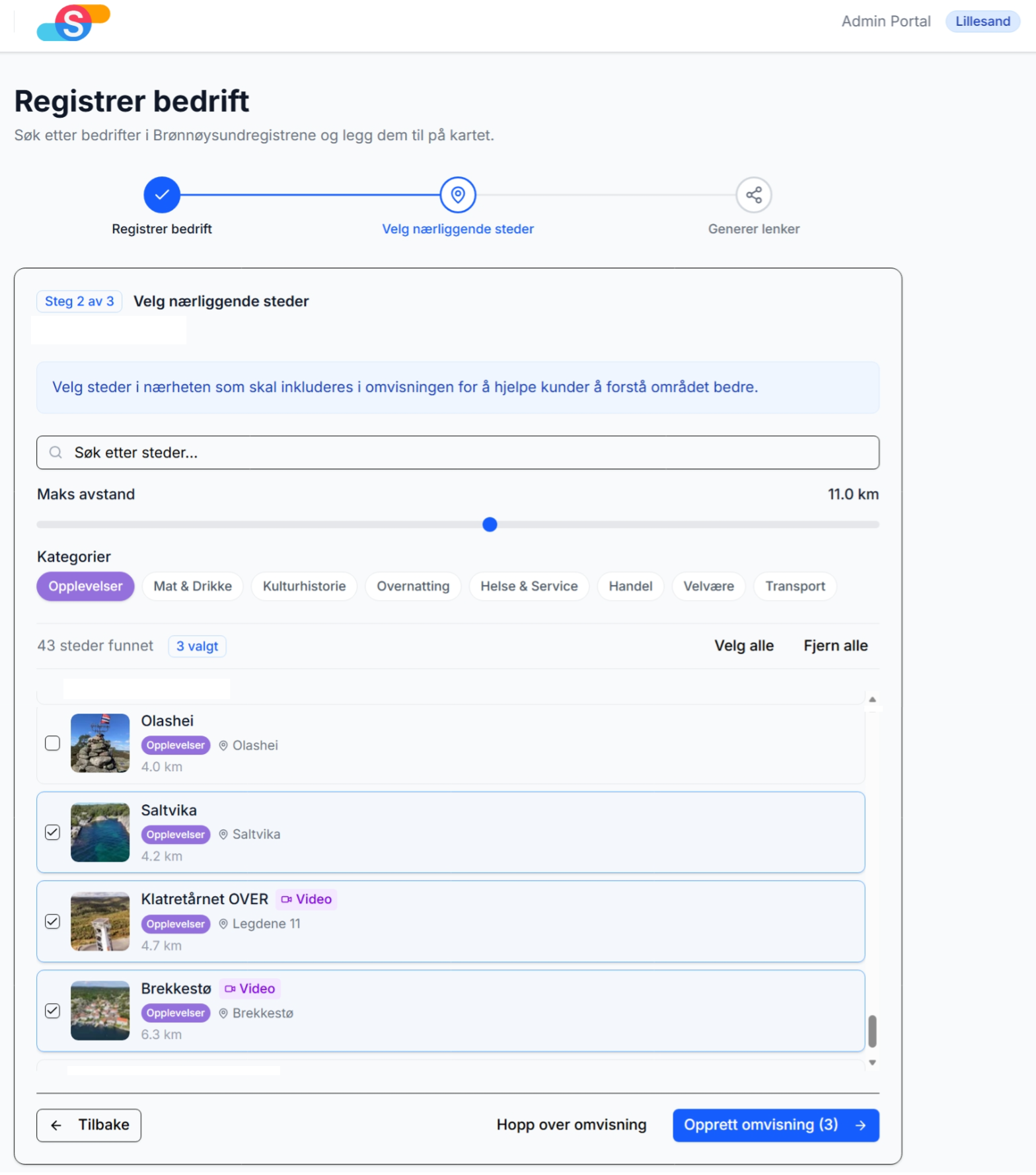 Senit Admin Portal - Registrer bedrift grensesnitt med valg av nærliggende steder